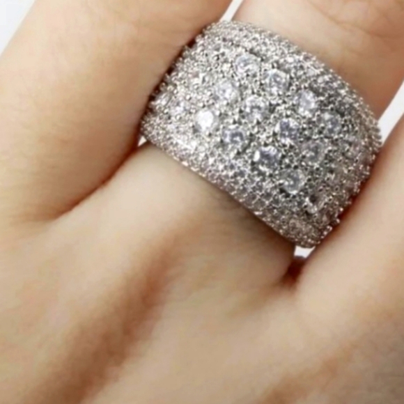 NEW Silver Round Simulate Diamond Pave Wide Band Ring - Picture 2 of 13